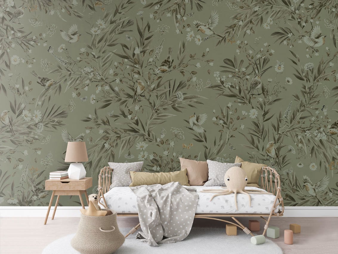 Playful Robins - Monochrome Green styled in a room