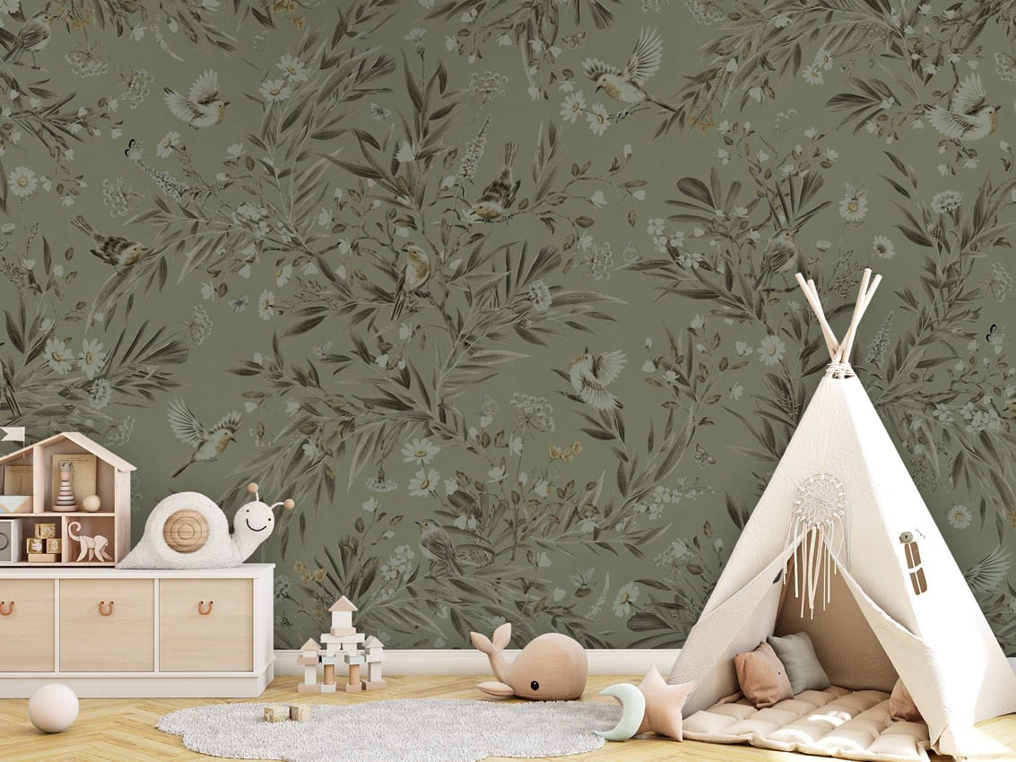 Playful Robins - Monochrome Green styled in a room