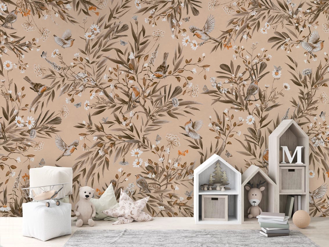 Playful Robins - Vintage Beige styled in a room