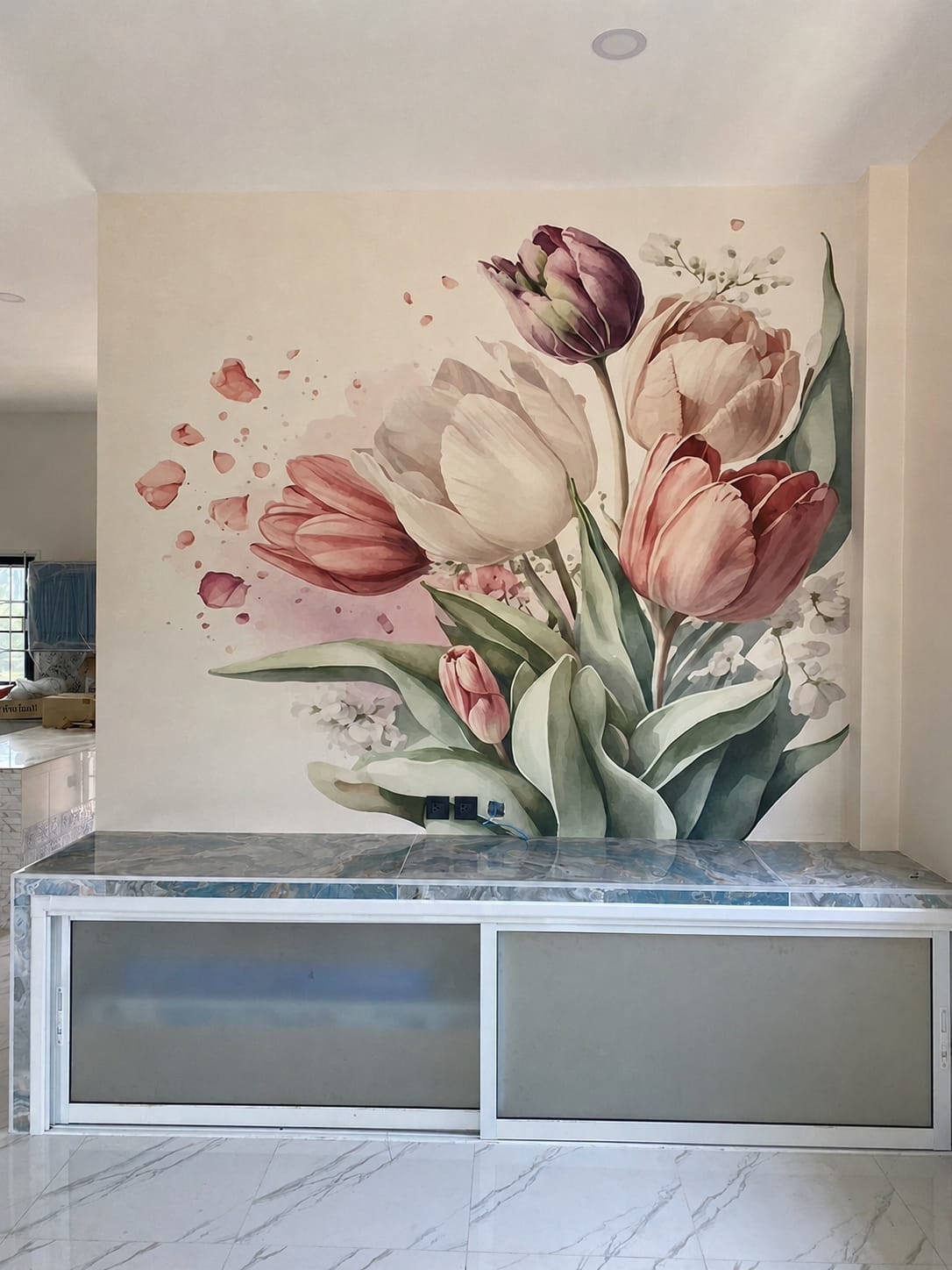 Watercolour tulip mural on a feature wall above a marble-topped counter